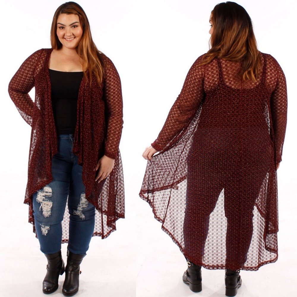 1x-3x Plus Size Burgundy Lace Lurex Cardigan 123X - Picture 6 of 6